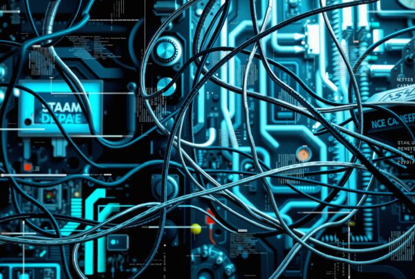 Intricate network of cables and circuit boards in blue lighting.