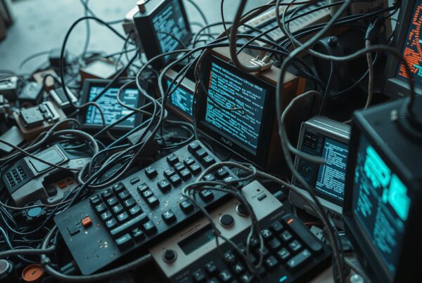 A cluttered array of retro monitors, cables, and keyboards revealing complex technological chaos.
