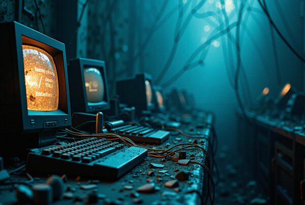 A dimly lit room with vintage computers and a nostalgic ambiance.