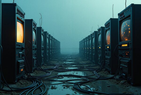Rows of vintage monitors with tangled cables and fog create a retro-futuristic atmosphere.
