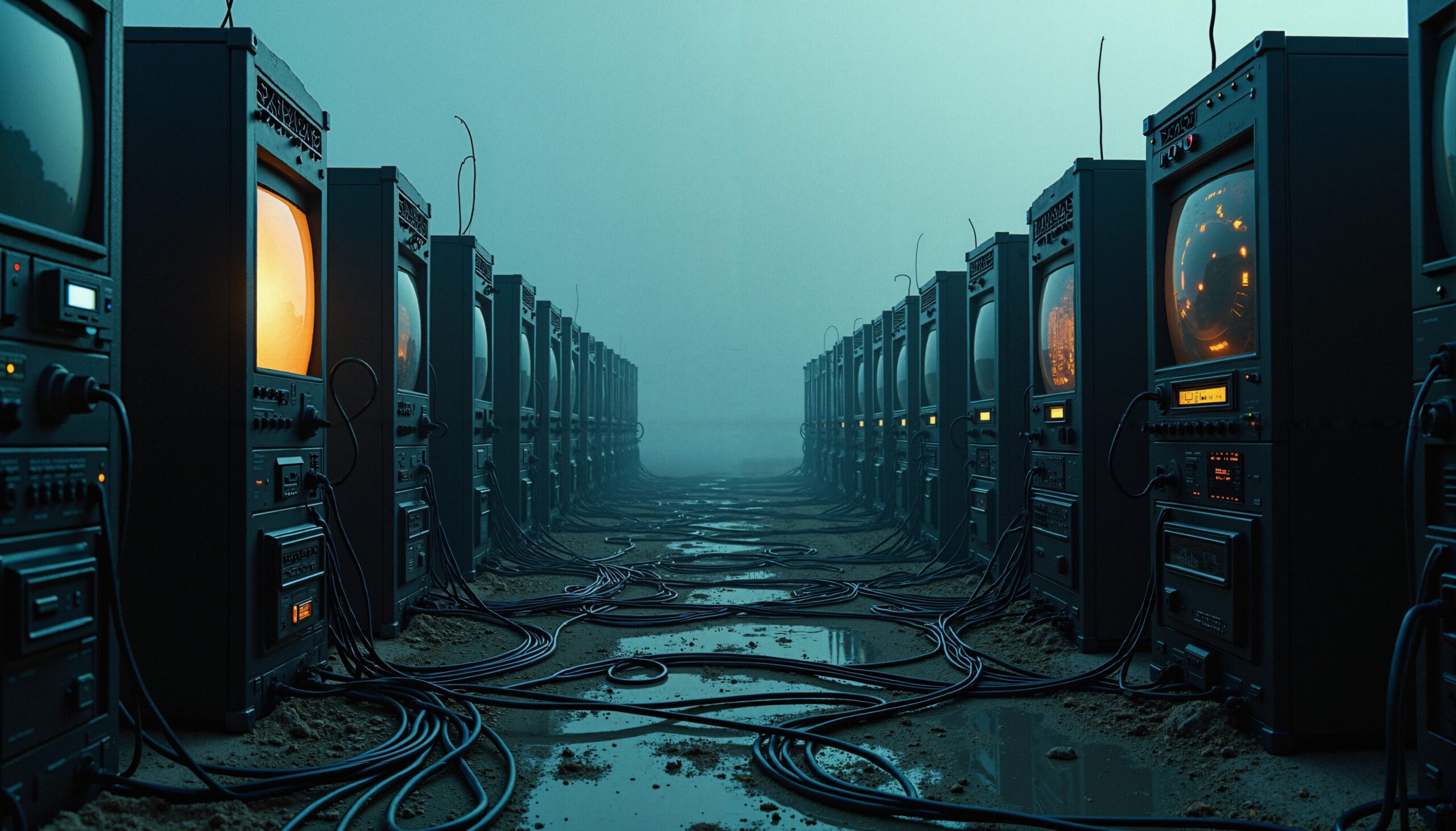 Vintage Monitors in Fog Corridor