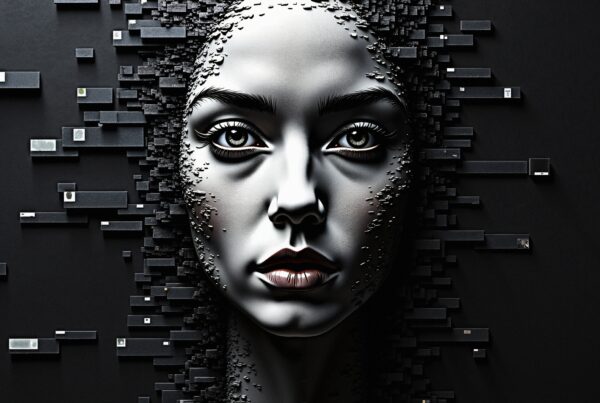 A futuristic digital artwork of a woman's face intertwined with a geometric black matrix; human-technology theme.