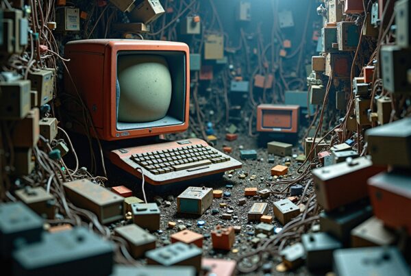 An abandoned room filled with dusty vintage electronics, featuring a central retro computer amidst tangled wires.