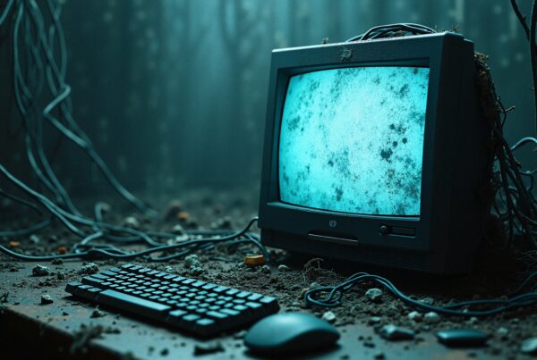 A dusty vintage computer monitor and keyboard surrounded by tangled cables in a mysterious, abandoned setting.