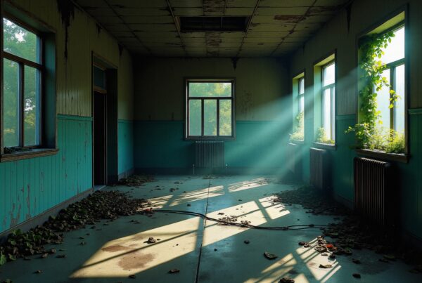 Abandoned room with peeling paint, sunlight streaming through windows, and indoor plants reclaiming the space.