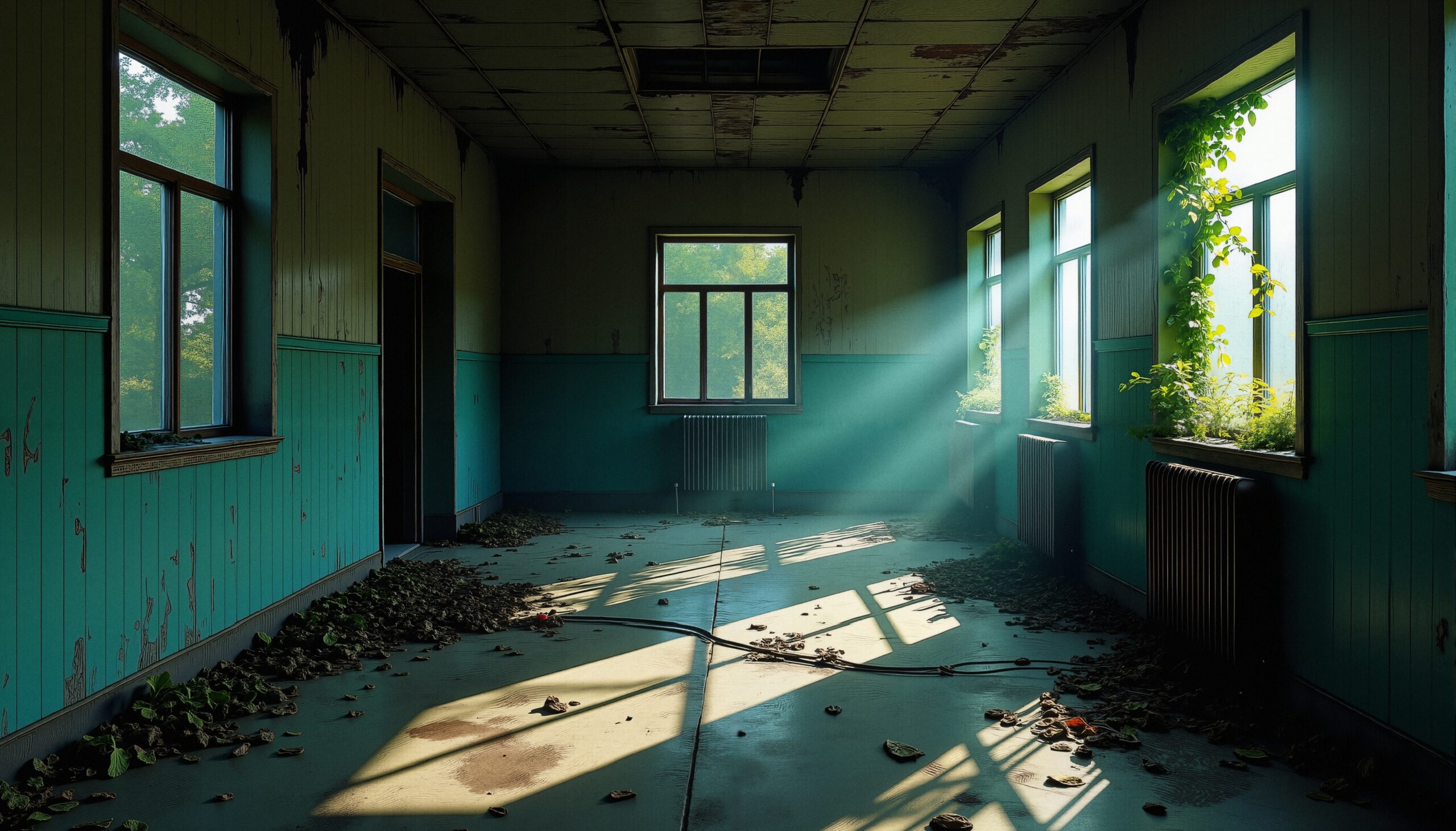 Sunlit Abandoned Room with Foliage