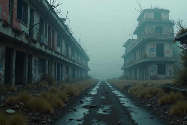 Abandoned street with foggy, graffiti-covered buildings.