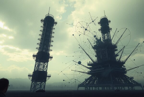 A futuristic industrial scene with two towering structures set against a moody sky, observed by a silhouetted figure.