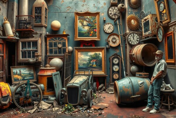 An antique shop filled with vintage items, including clocks, paintings, and a pedal car, creating a nostalgic atmosphere.