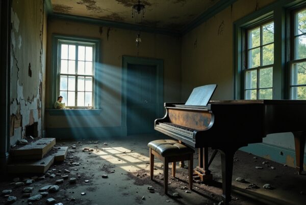 Abandoned room with grand piano and sunlight.