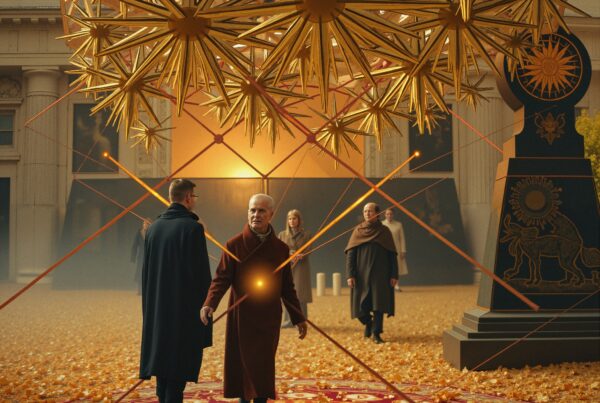 Group standing around ornate golden structure indoors.