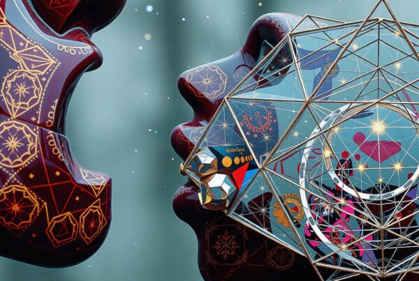 Futuristic abstract face profiles with geometric and cosmic patterns.