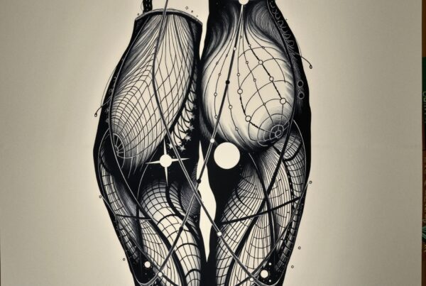 Intricate abstract design with symmetrical organic forms and swirling lines.