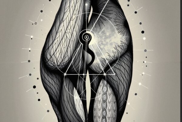 Digital artwork featuring cosmic symmetry with abstract forms.