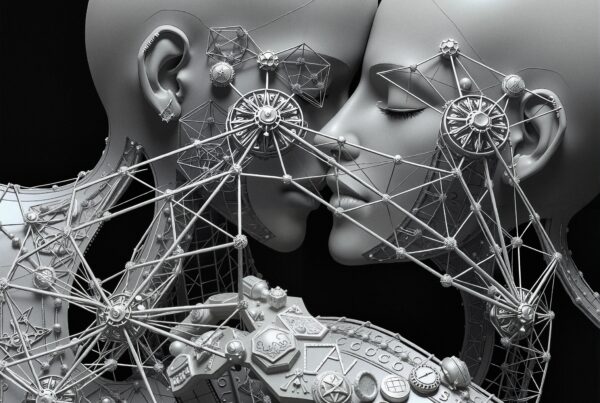 A pair of futuristic humanoid figures intertwined with intricate mechanical structures.