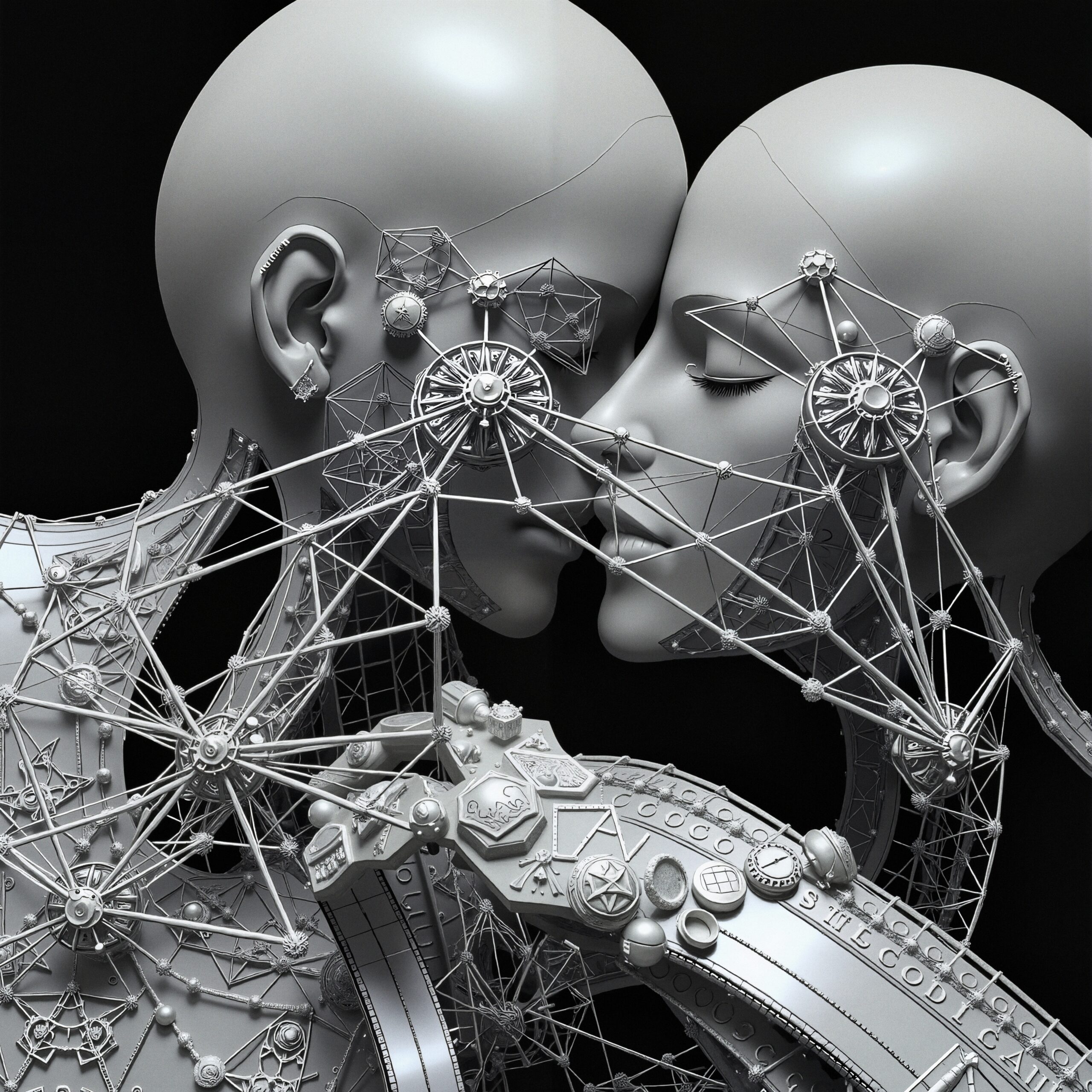Futuristic Mechanical Figures Embrace