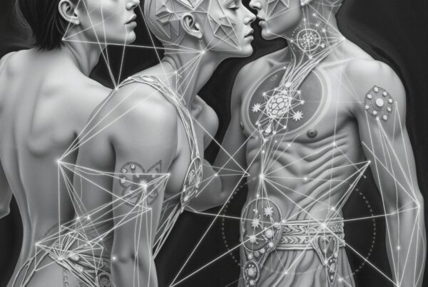 Monochromatic image of three abstract figures with interconnected geometric patterns.