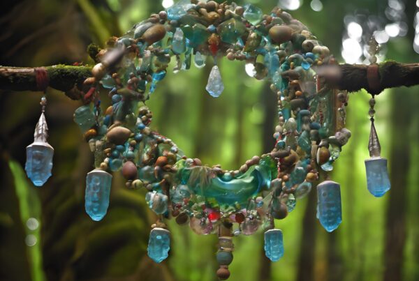 Ornate wreath with gemstones hanging from a tree branch in a lush forest.