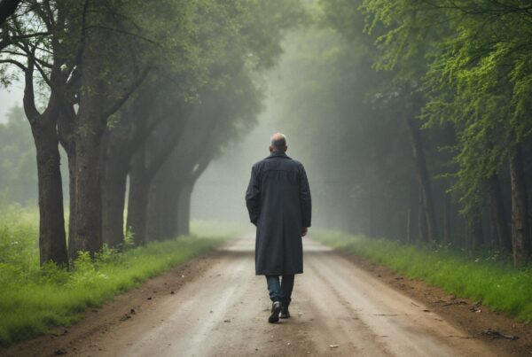 A man walks down a misty forest path surrounded by lush green trees, conveying solitude and tranquility.
