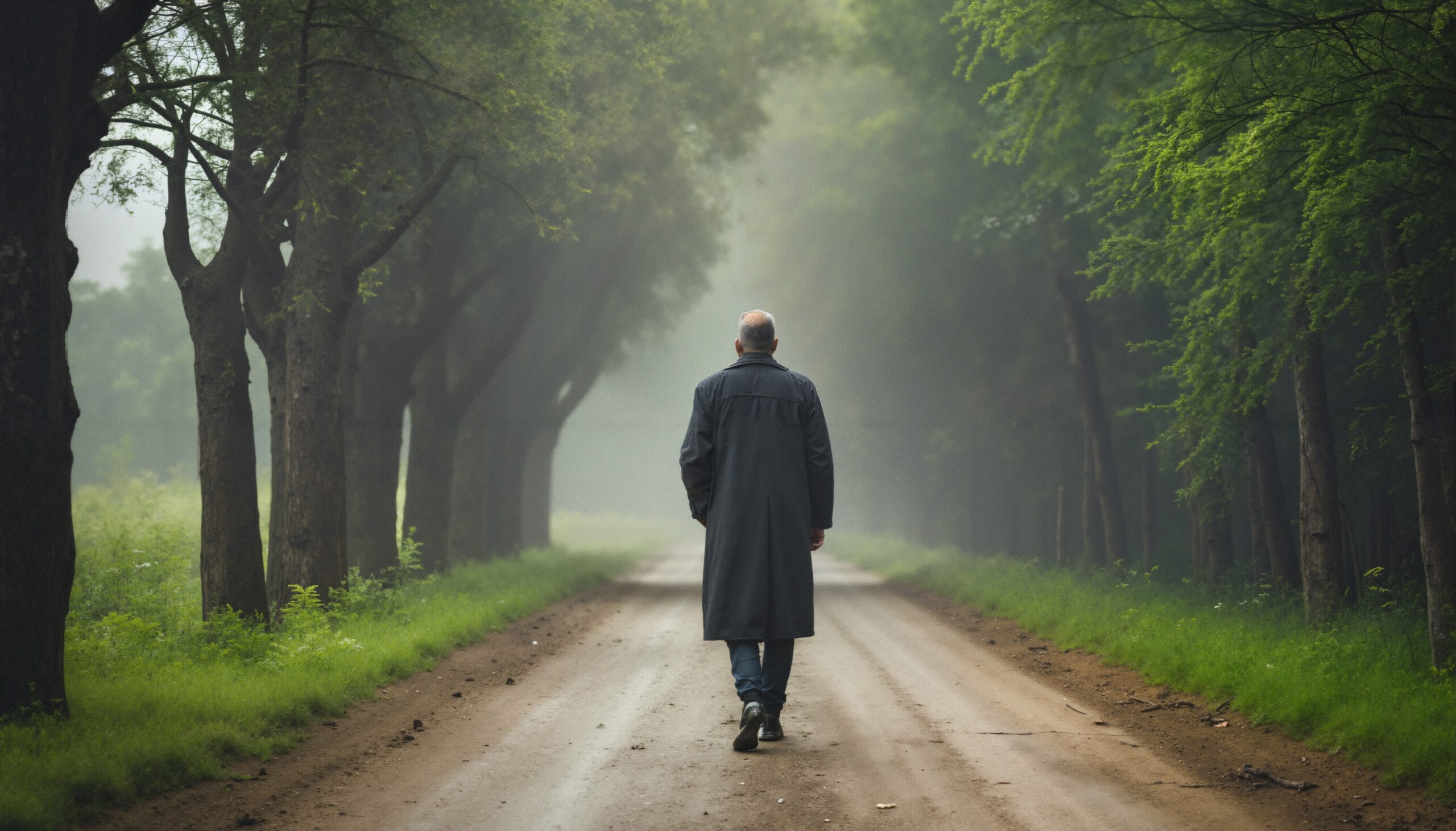 Solitary Walk in Misty Forest