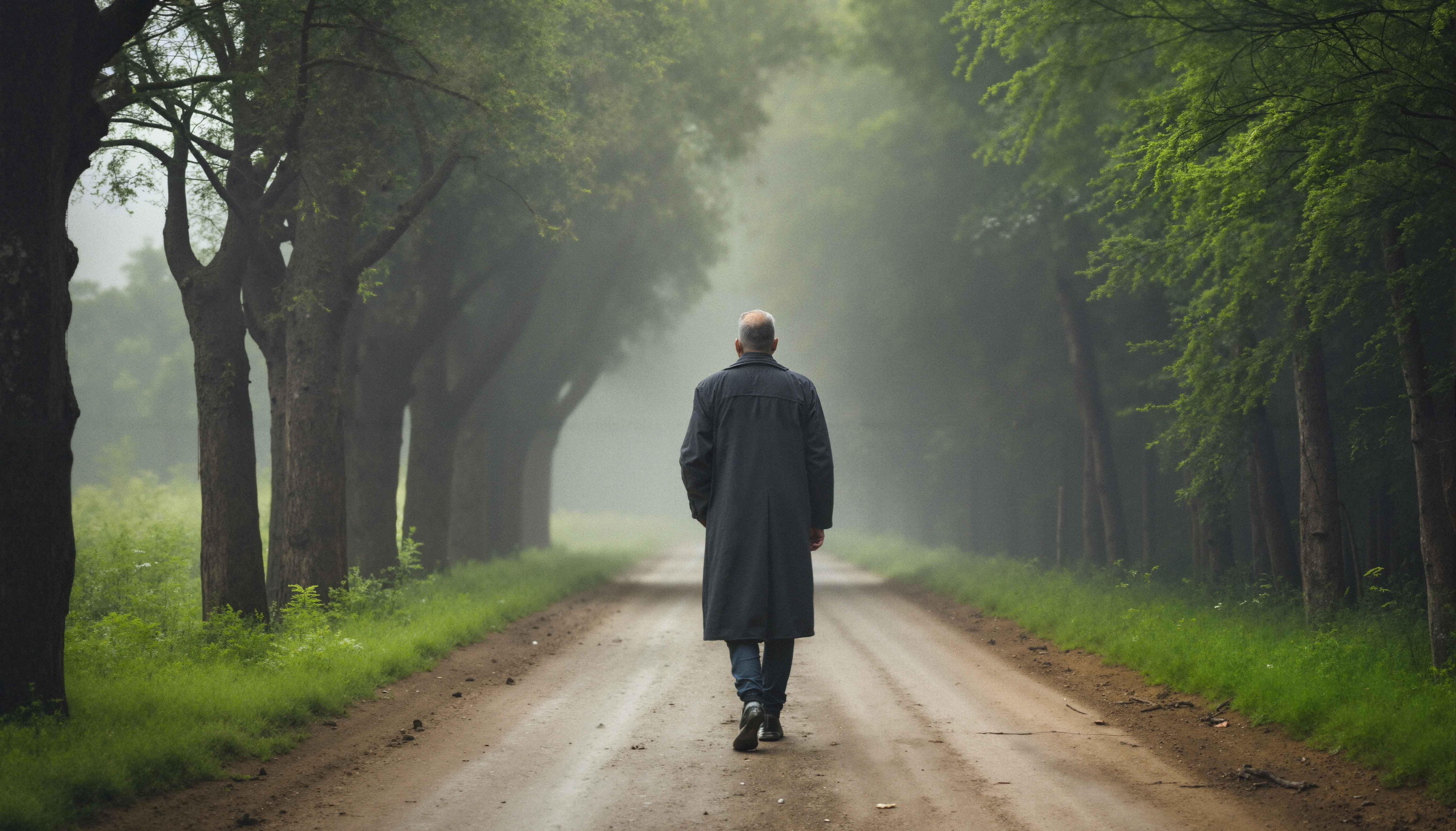 Solitary Walk in Misty Forest