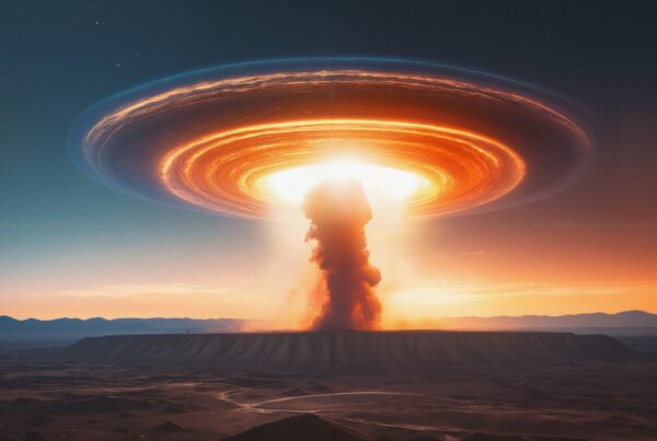 A massive explosion with a mushroom cloud illuminates the desert landscape during sunset, creating a dramatic and surreal scene.