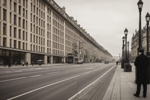 A long stretch of classic city street with symmetrical buildings and streetlamps under an overcast sky, bustling with a few pedestrians.