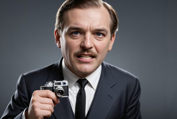 Portrait of a man holding a vintage camera, expressing enthusiasm, with a mustache and neatly combed hair, set against a plain gray background.