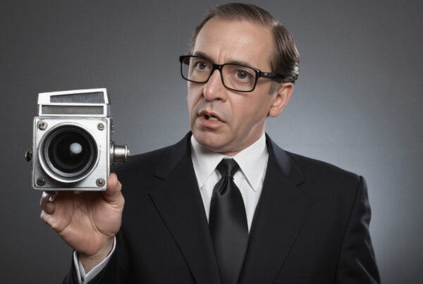 A man in a suit holding a vintage camera.