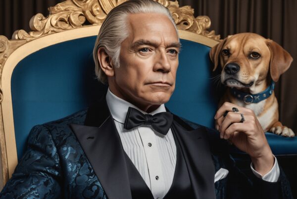 Elegant man with silver hair in a luxurious tuxedo seated on a golden chair beside a calm brown dog.