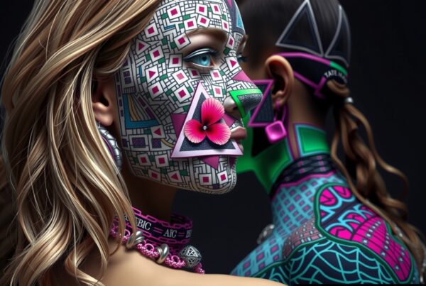 Two individuals with vibrant, geometric face art.