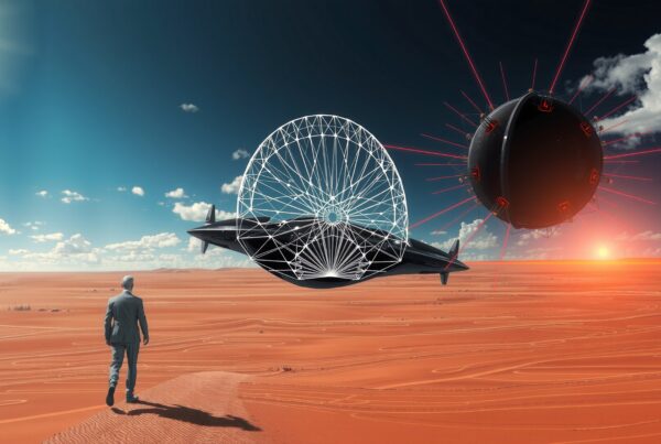 A man encounters two futuristic objects hovering in the desert.