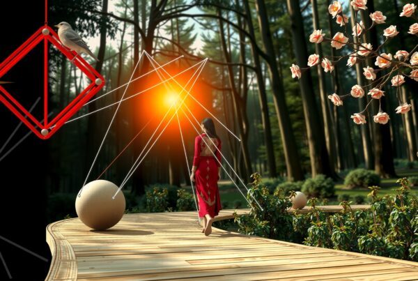 A woman in a red dress walks along a mystical, sunlit forest pathway with geometric art and blooming flowers.