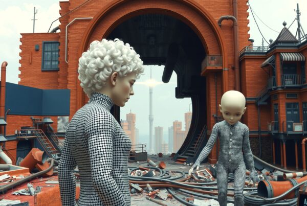 Futuristic scene with humanoid figures exploring an industrial landscape against a backdrop of modern architecture.