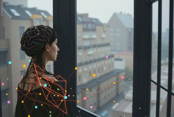 A woman with a digital network in her hair stands by a window overlooking a cityscape, representing futuristic technology.