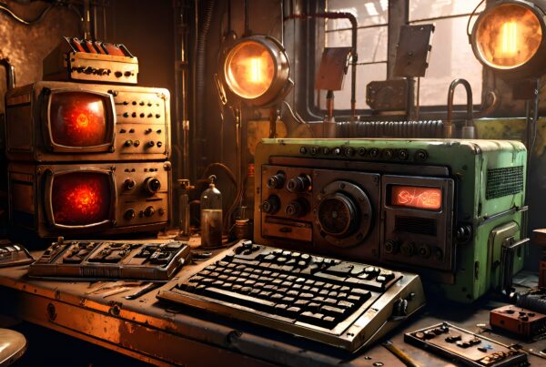 Vintage computer console in dimly lit room with industrial decor and bright screens.