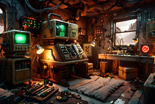 A retro-futuristic laboratory filled with electronic equipment and glowing screens.
