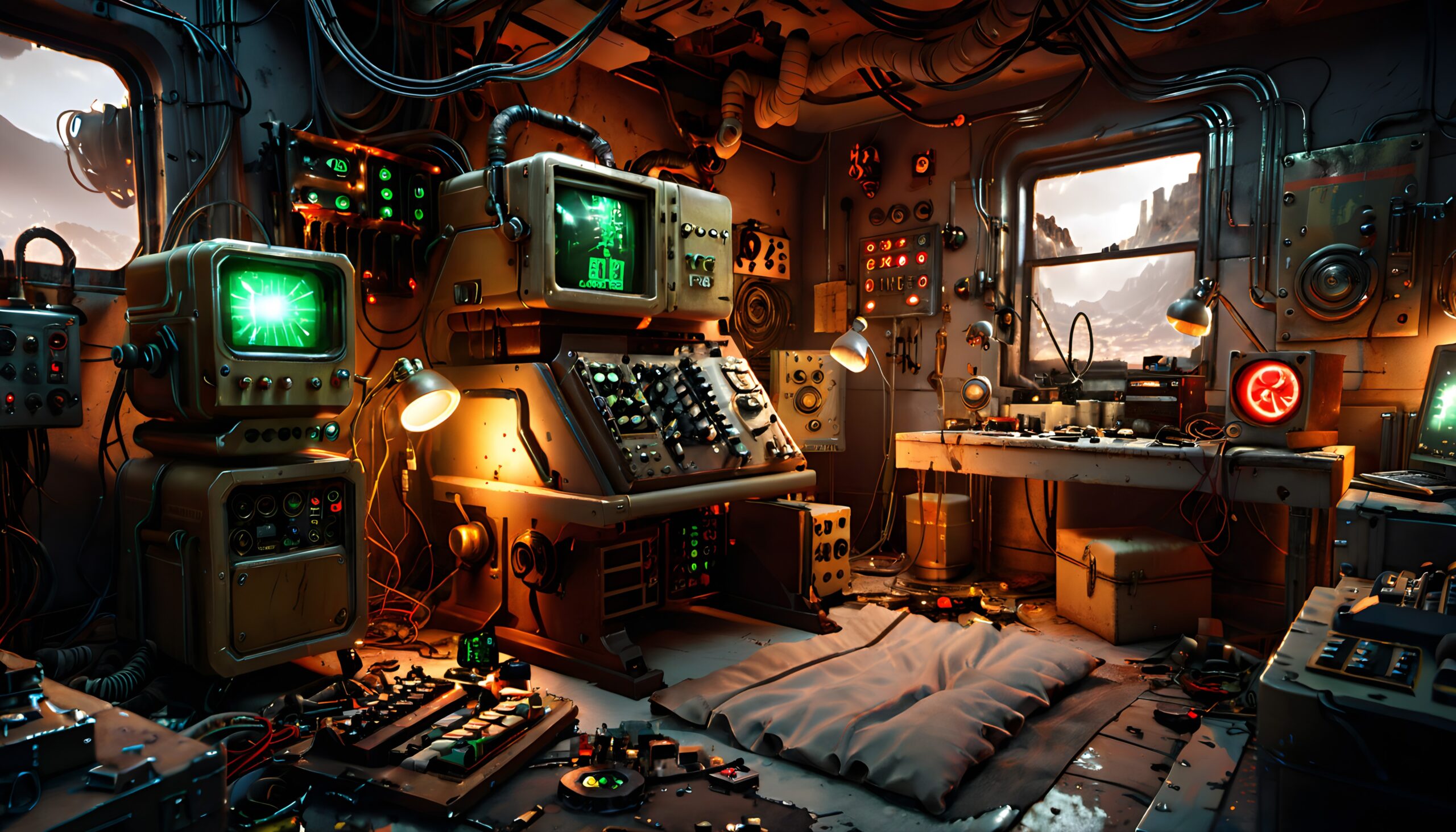 Retro-futuristic high-tech laboratory interior