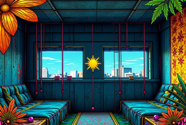 Image of a colorful surreal room with vibrant decor and city view through large windows.