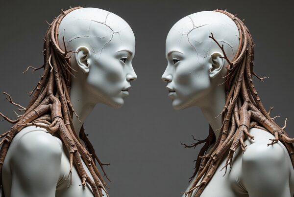 Two pale humanoid figures adorned with branching tree-like roots stand facing each other against a gray background.