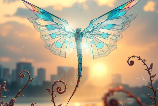 A vibrant dragonfly with stained-glass wings hovers over a cityscape during a stunning sunset.