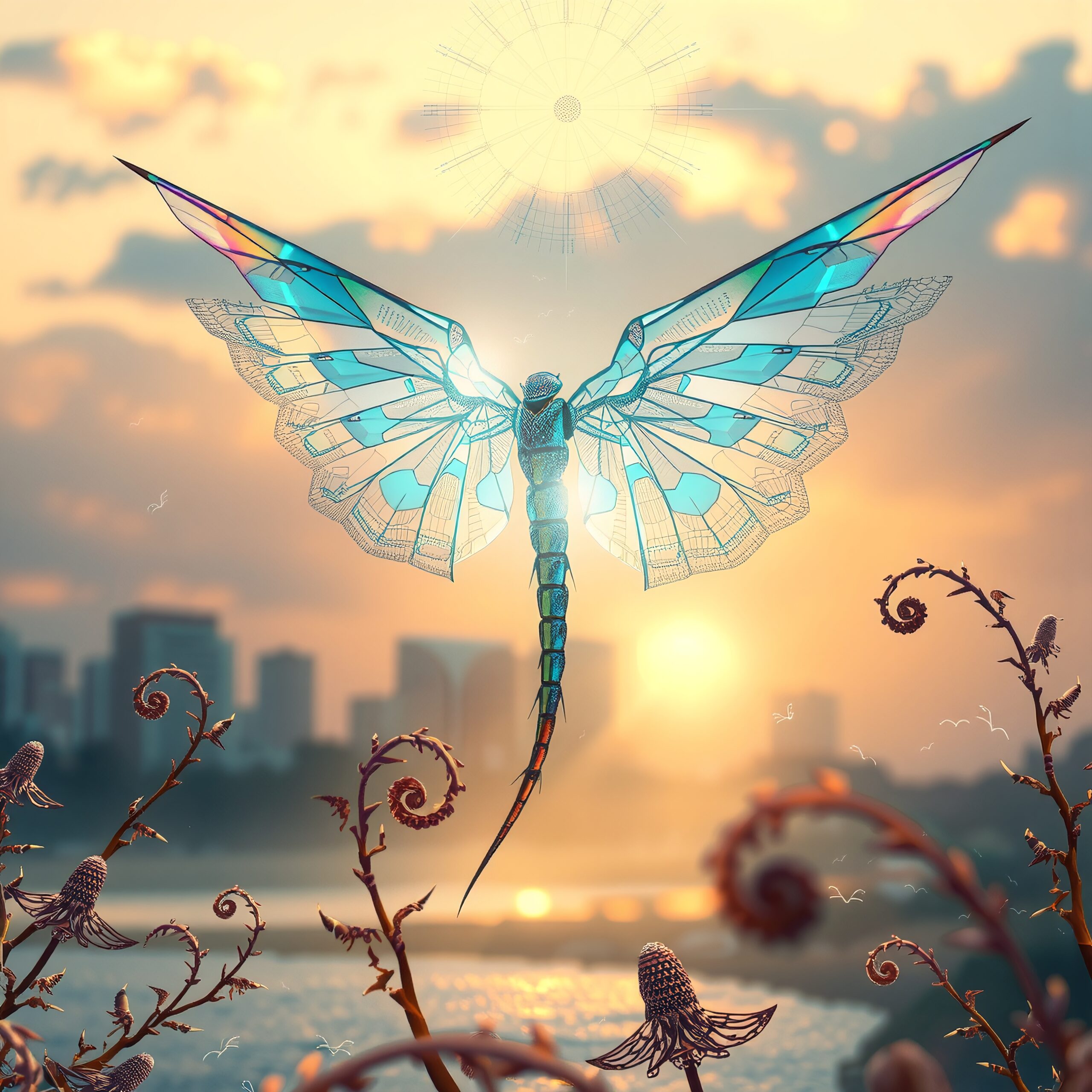 Fantasy Dragonfly Over Cityscape