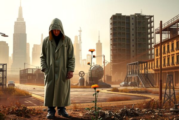 A solitary figure stands amidst urban expansion, their hooded form juxtaposed with blooming flowers against a hazy cityscape backdrop.