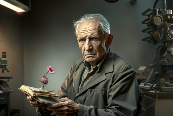 An elderly man in a lab holds a book with a pink flower emerging, blending science and nature.