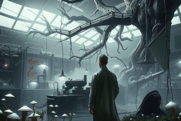 A futuristic lab with a scientist observing a massive tree intertwining with high-tech machinery and fungal growth.
