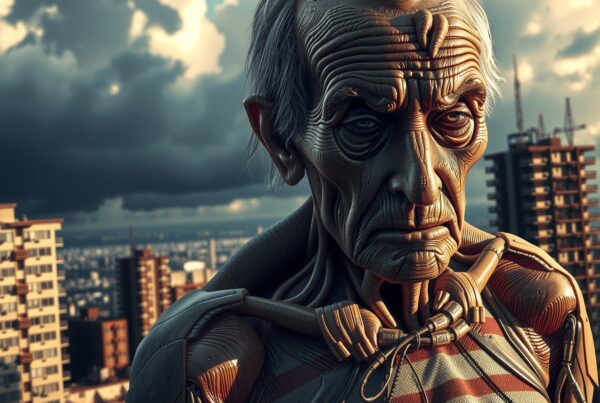 A realistic robot with lifelike features stands against a cityscape under a dramatic sky.