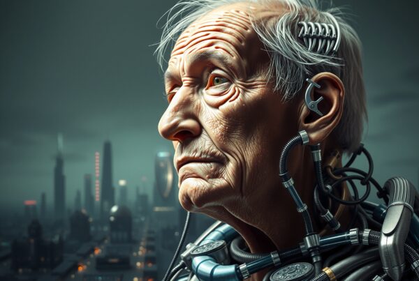 An elderly man with cybernetic enhancements gazes out against a futuristic cityscape backdrop, blending human and machine elements in a contemplative setting.