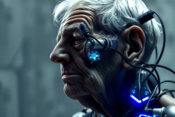 A wise elderly man with cybernetic enhancements and glowing blue elements.
