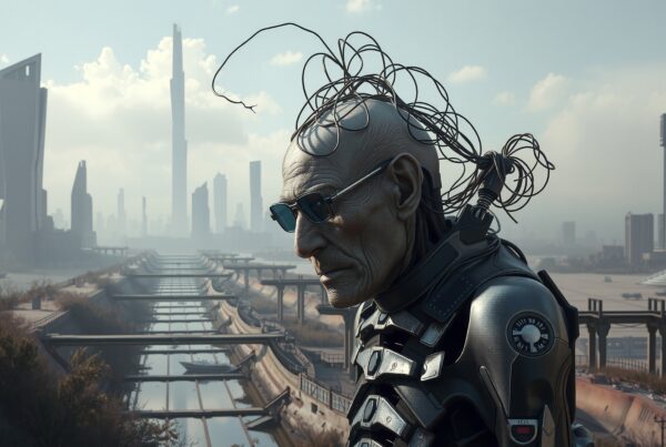 Futuristic cybernetic figure against a modern cityscape background, highlighting technology integration.