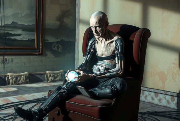 An elderly cyborg holds a glowing orb in a vintage room, highlighting the intersection of humanity and technology.